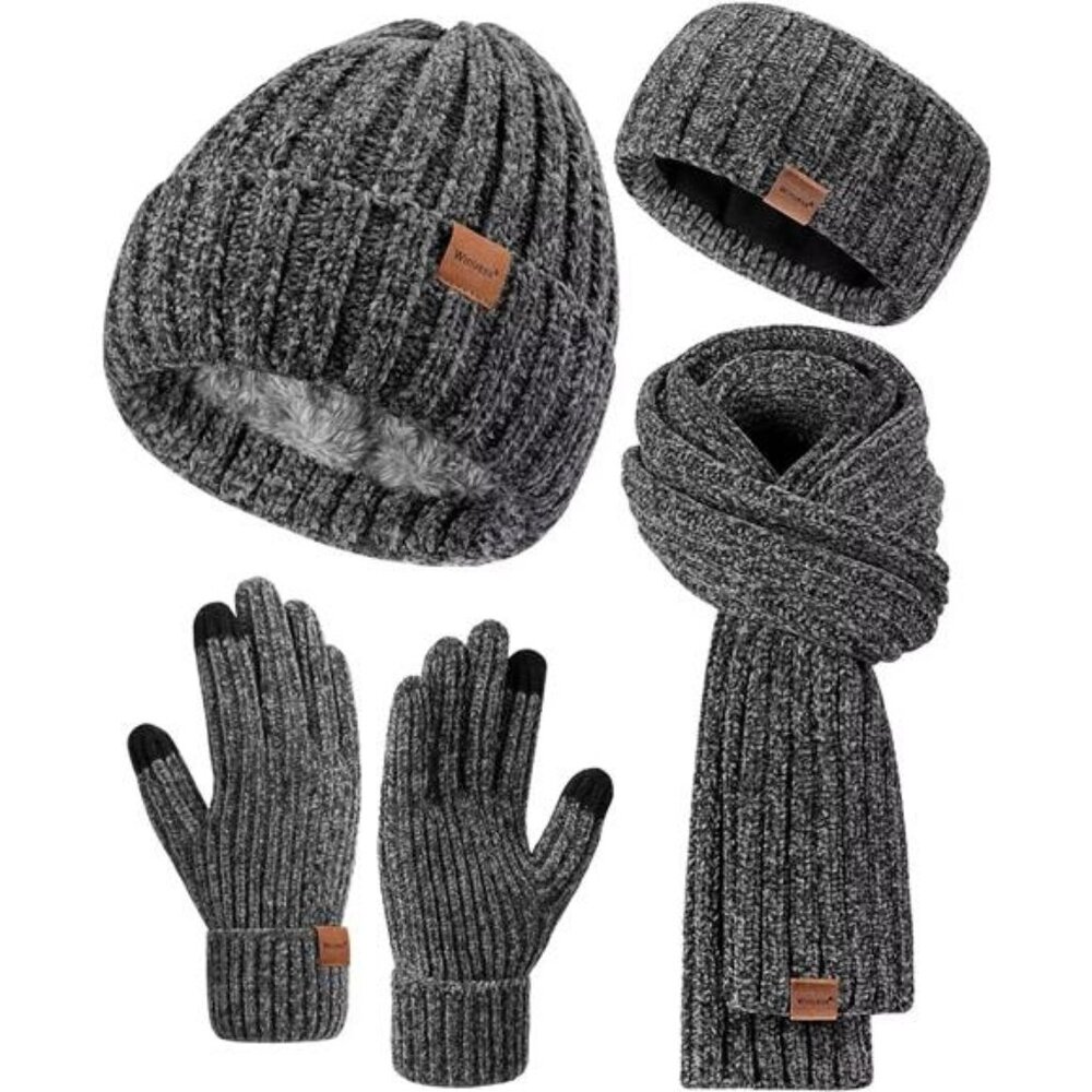 Women Beanie Scarf Gloves Headband Set, Chenille Winter Hats Fleece Lined Ear‎